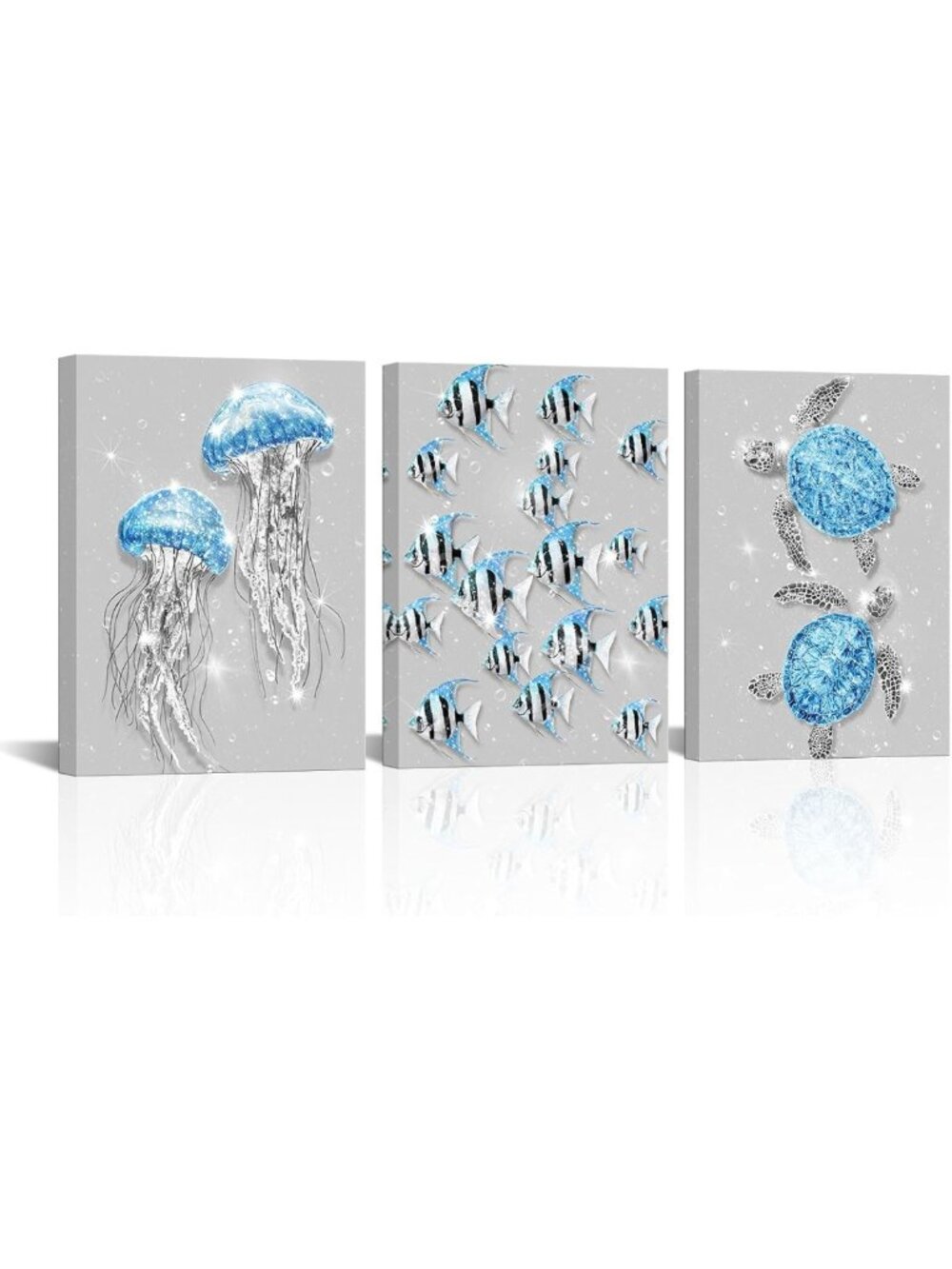Glitter Coastal Bathroom Wall Art - Ocean Jellyfish & Sea Turtle Decor, Blue